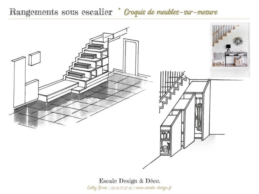dessin rangements meuble sur mesure sous escalier cathy brois escale design et deco
